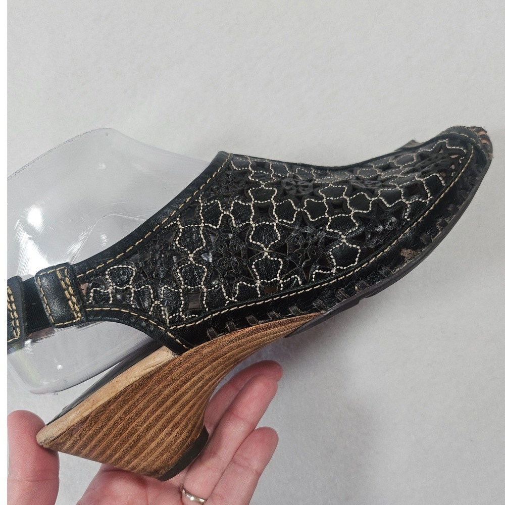 Pikolinos Black Leather Laser Cut Floral Wedge Sandals Peep Toe Boho size 38 - Picture 9 of 16